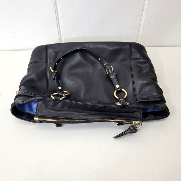 Coach Black Leather Tote Handbag With Gold Hardware & Blue Lining - Picture 4 of 9